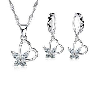 925 Sterling Silver Butterfly and Heart Earrings & Necklace Set - Adorable Match